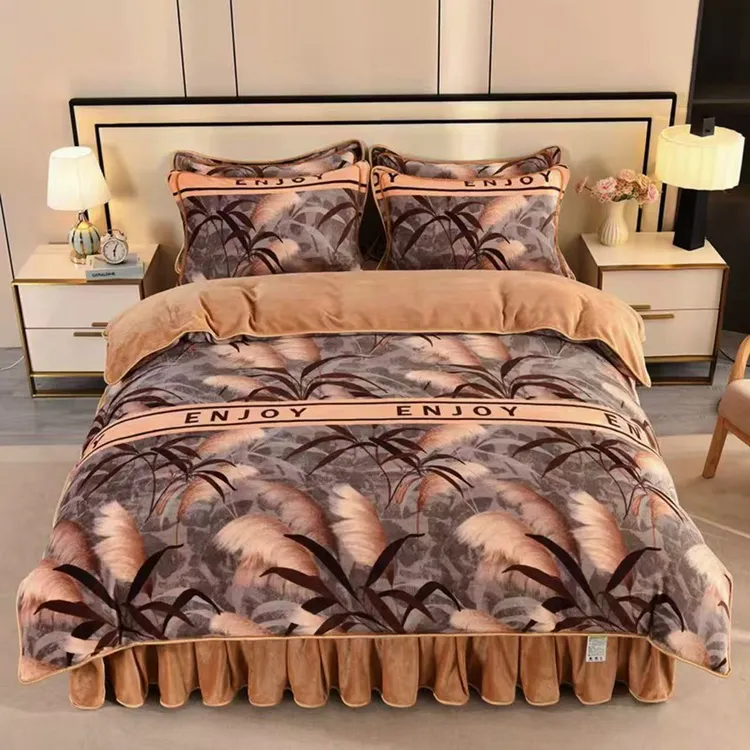 冬季牛奶绒四件套双面绒被套防静电床裙款加厚公主风印花床上用品