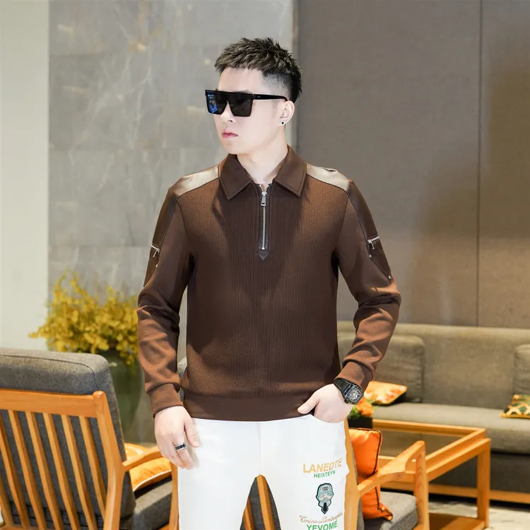 高级感男装轻奢重工绵羊皮拼接咖色翻领半拉链针织帅气卫衣GL8128