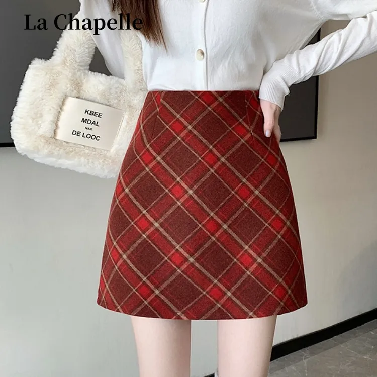 拉夏贝尔韩版学院风复古毛呢斜格半身裙秋冬高腰显瘦A字包臀短裙