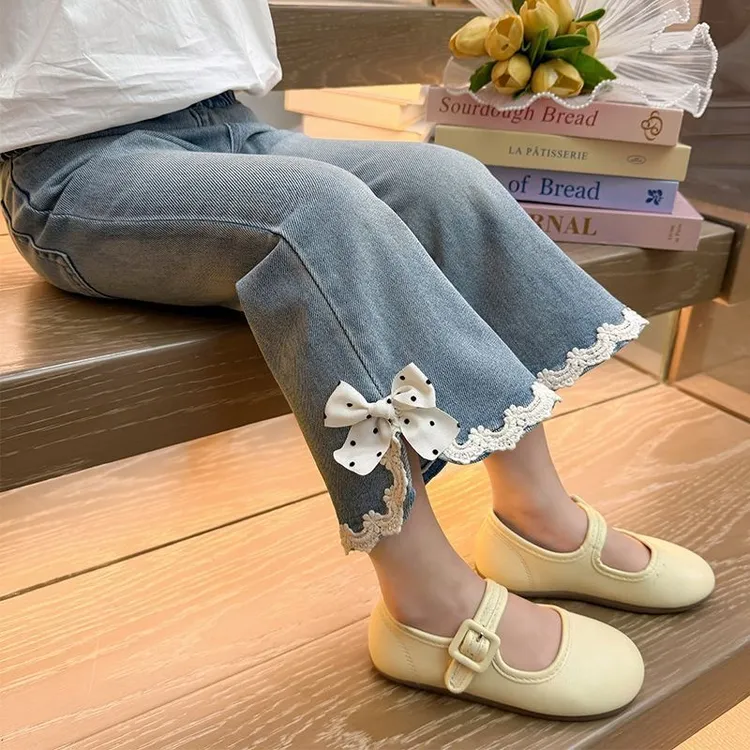 女童牛仔2025春款儿童新款洋气小女孩花边开叉韩版牛仔微喇叭裤