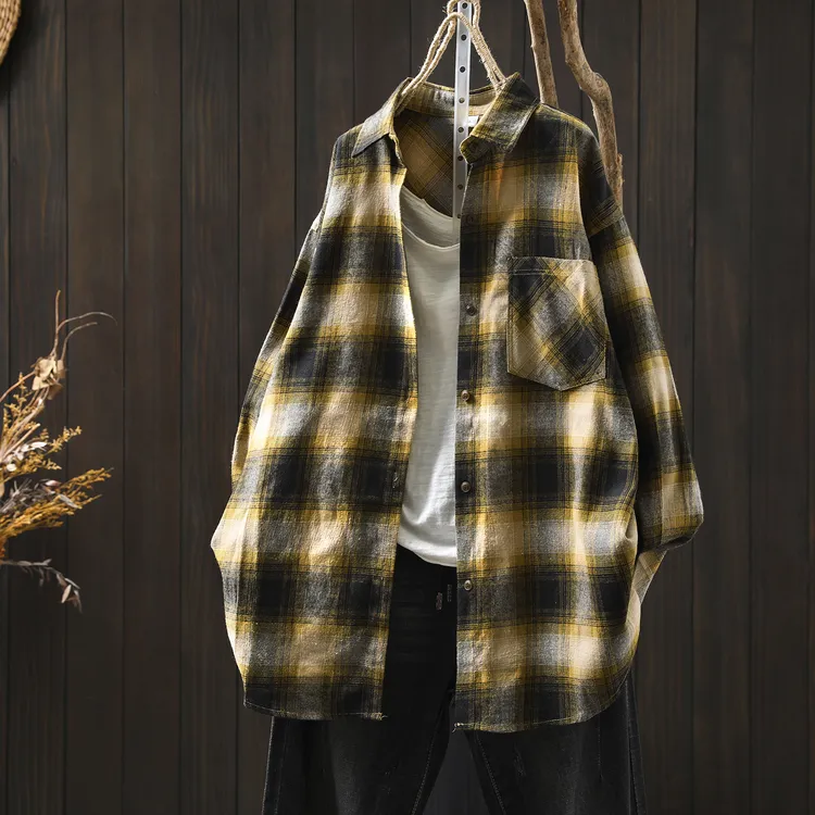 纯棉磨毛长袖格子衬衫外套女宽松2025秋季新款韩版休闲百搭上衣