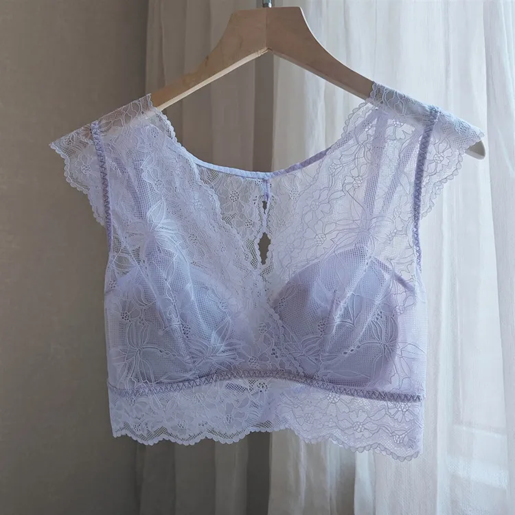 weiweisirou春夏蕾丝美背文胸一体大胸显小带胸垫防走光薄款内衣