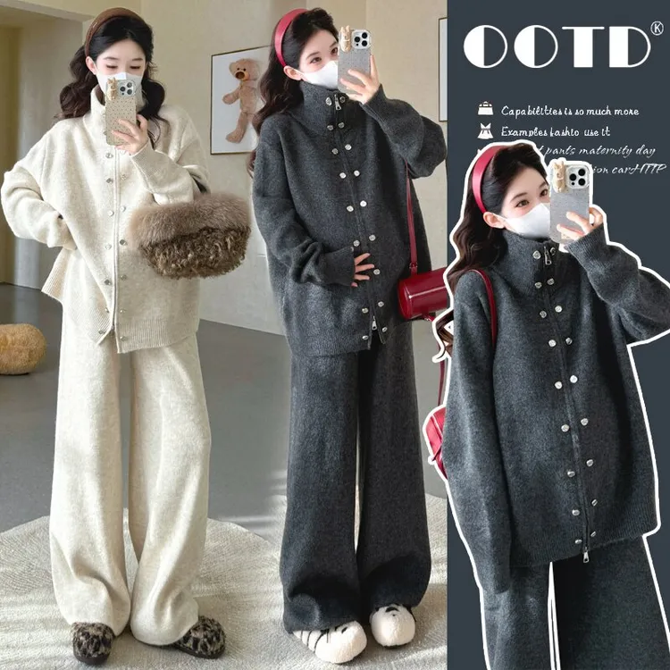 孕妇2025秋冬新款韩系简约气质设计感软糯亲肤加厚保暖两件套