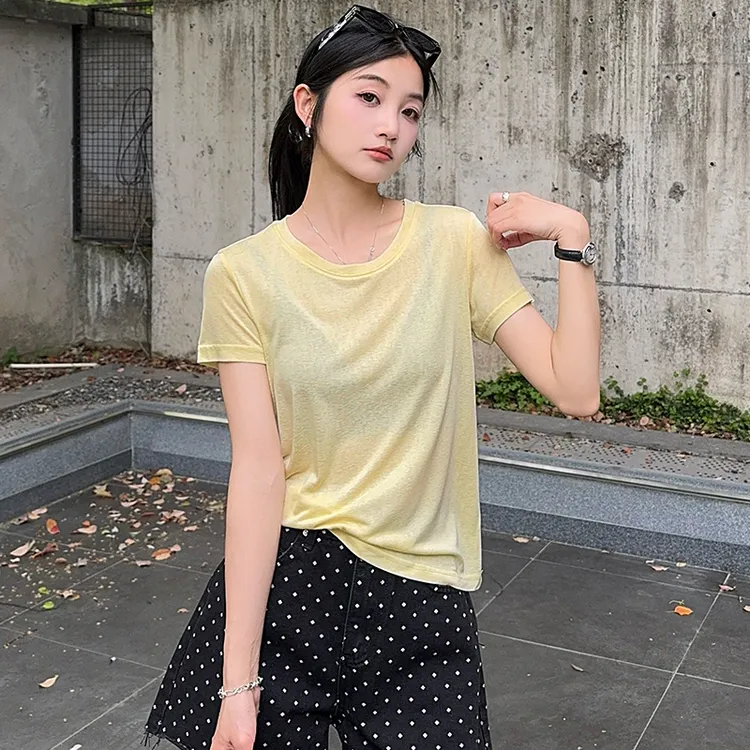 新款夏季纯色圆领短袖面膜t恤女 宽松清凉感天丝面料薄款上衣微透