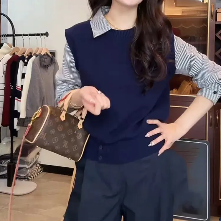 2025新款假两件针织衫拼接条纹长袖上衣休闲polo衫女士LK2506491