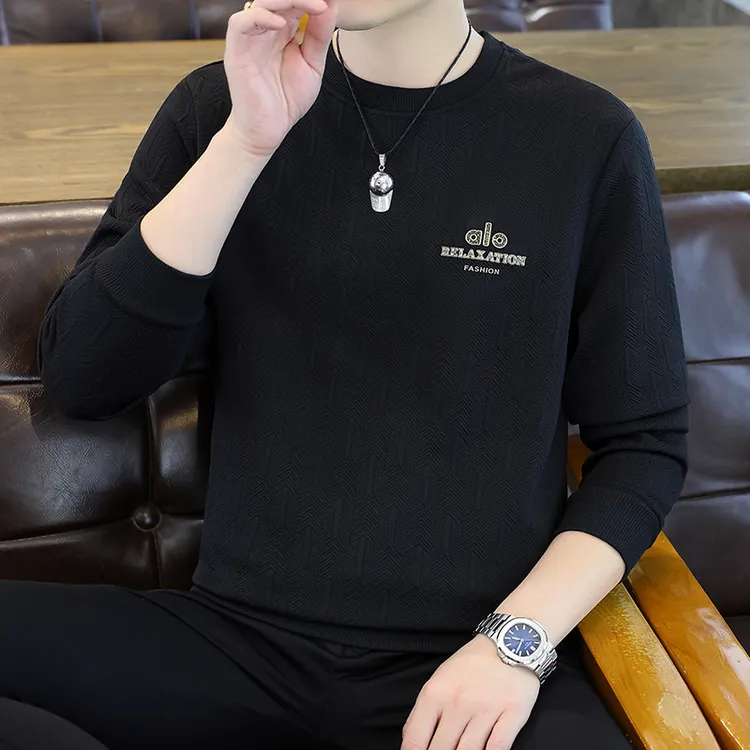 皕豹百搭套头男士长袖时尚提花休闲圆领略微宽松春秋季修身卫衣