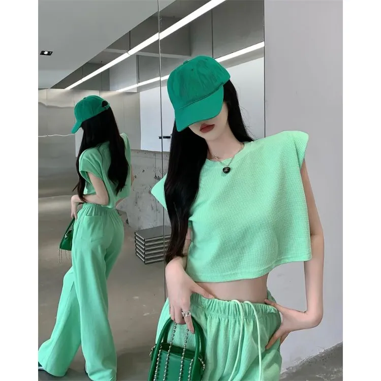 Mm休闲运动套装女夏季纯欲甜辣妹坎肩上衣+绿色阔腿裤小个子