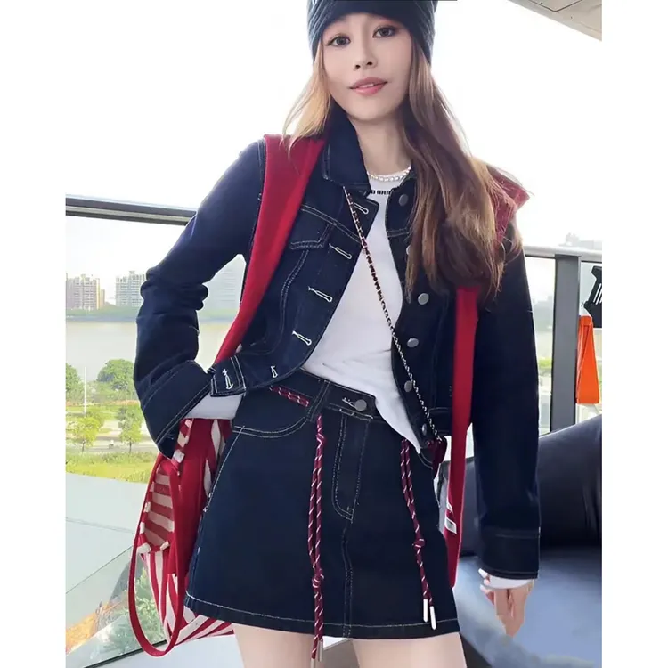 秋季百搭女装韩版气质美式复古时尚夹克港风时尚牛仔套装休闲短款