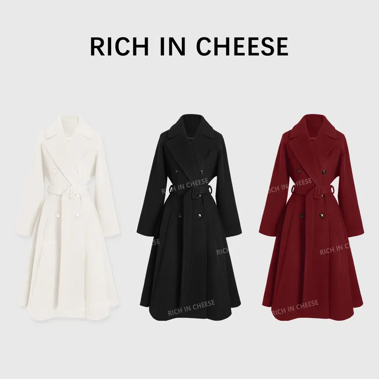 RICHINCHEESE 机场女明星 气质时尚收腰赫本风长款毛呢大衣
