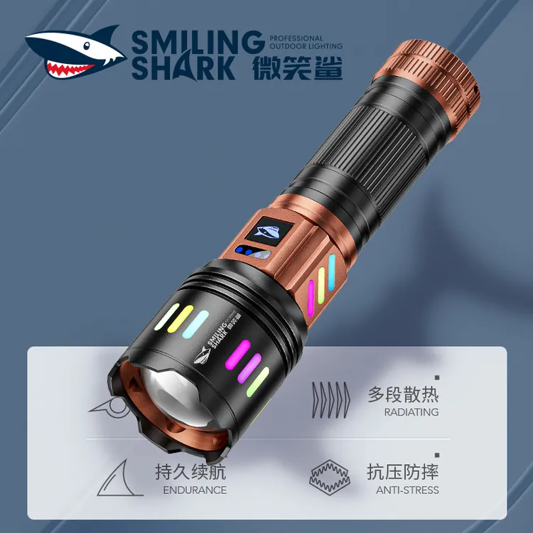微笑鲨强光手电筒户外远射白激光照明灯荧光变焦多功能可充电