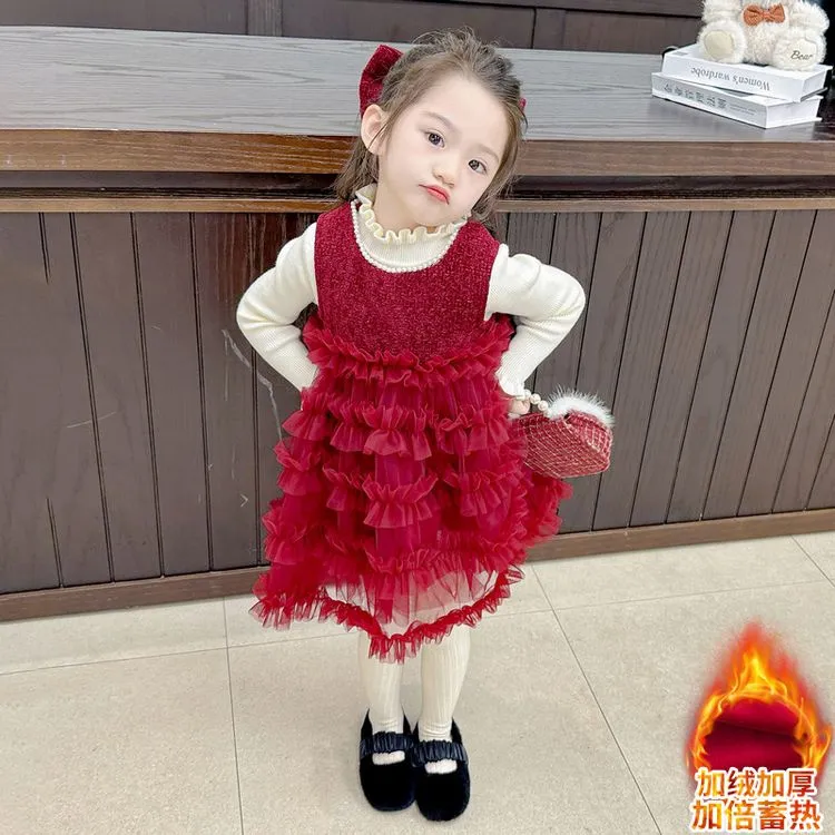 [瑞瑞]洋气儿童连衣裙套装小童新款儿宝宝加厚加绒红色裙子打底衫