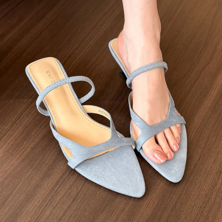elingstudio 氧气之蓝！蓝色尖头细带露趾凉鞋女2025年夏季穆勒鞋