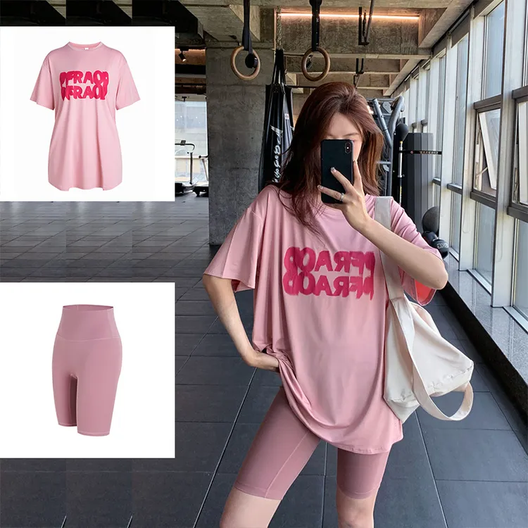 夏季健身房跑步宽松大码女款透气瑜伽服上衣中长款休闲运动套装女