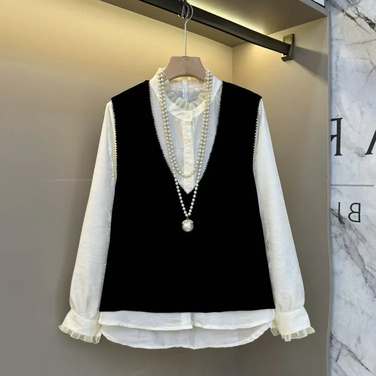 2025秋洋气时尚拼接花边显瘦上衣丝绒百搭马甲+内搭两件套8233