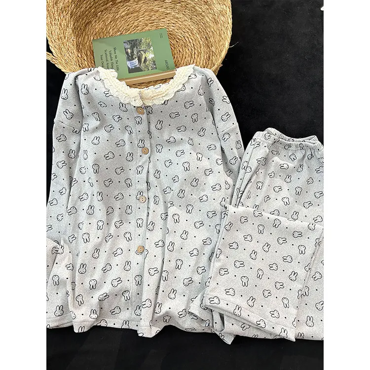 米菲兔秋冬睡衣女加厚德绒保暖带胸垫长袖可爱卡通少女家居服套装