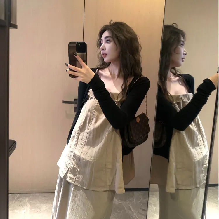 2025早秋韩系百搭长袖开衫女一字肩吊带背心设计感高腰半身裙套装