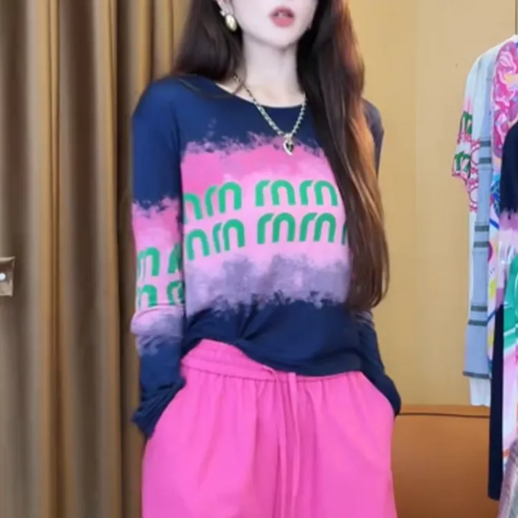 夏季薄款时尚设计感印花字母长袖t恤2025新款休闲打底衫ins上衣