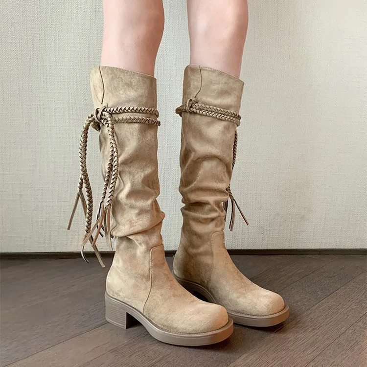 复古流苏堆堆靴2025新款废土风不过膝长筒靴绒面显瘦骑士靴大码女