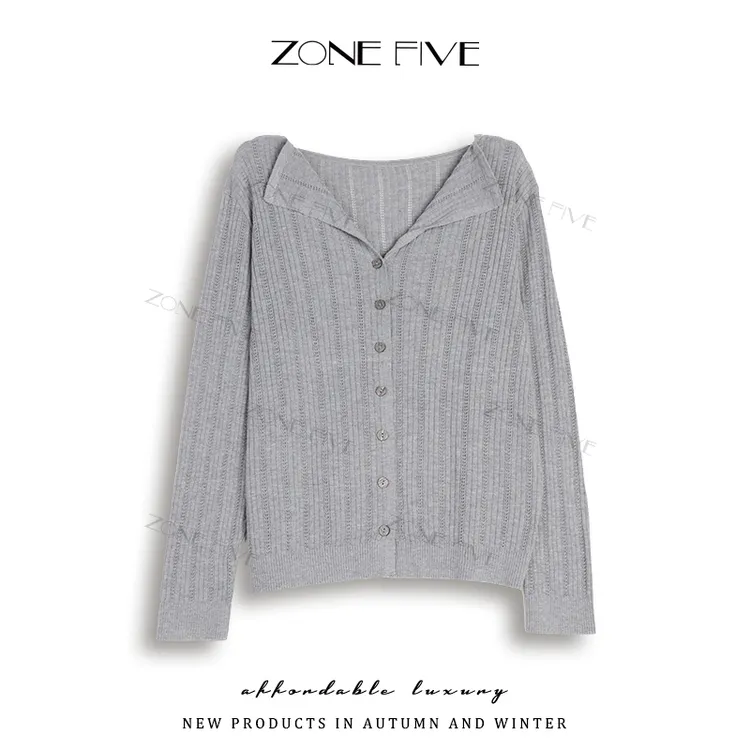 【zonefive】新款时尚长袖V领镂空毛衫轻奢女装纯色秋冬毛针织衫
