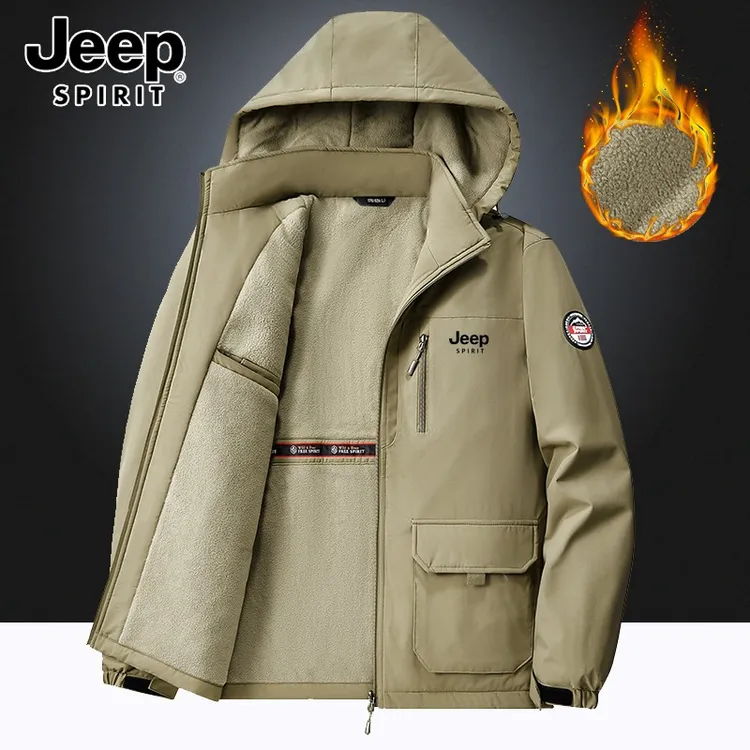 Jeep吉普加绒棉服防风防水保暖多口袋秋冬加厚大码工装夹克外套男