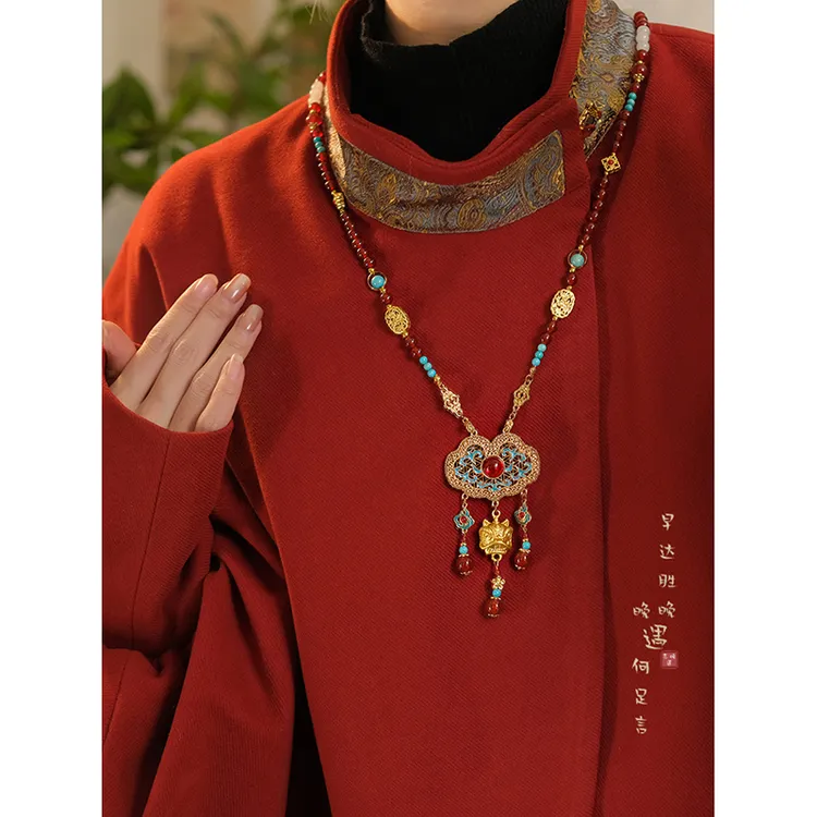 铜合金项链 平安锁背云红色长璎珞流苏项链女国风汉服马面裙配饰