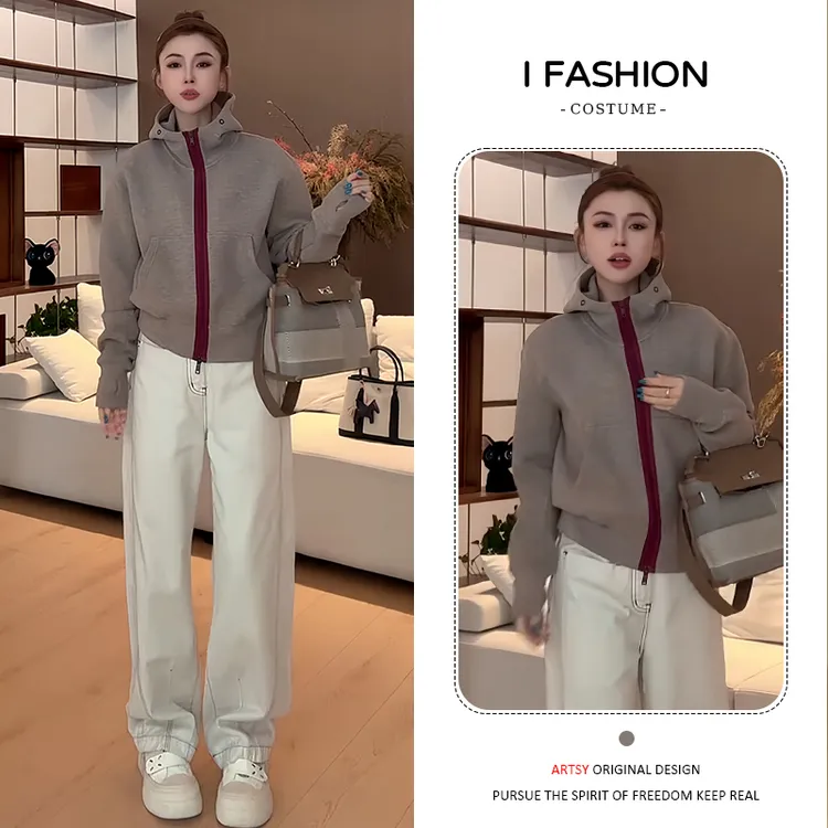 高含棉时尚拉链连帽外套女2025春秋新款宽松显瘦百搭拼色洋气上衣