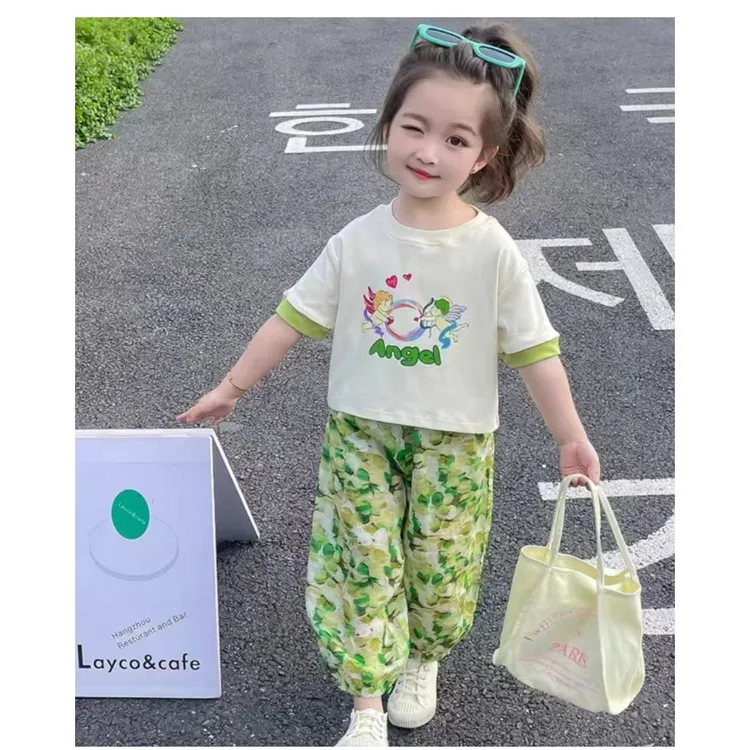 儿童短袖长裤夏季女童套装蝴蝶结防蚊裤宝宝时尚国风百搭两件套潮