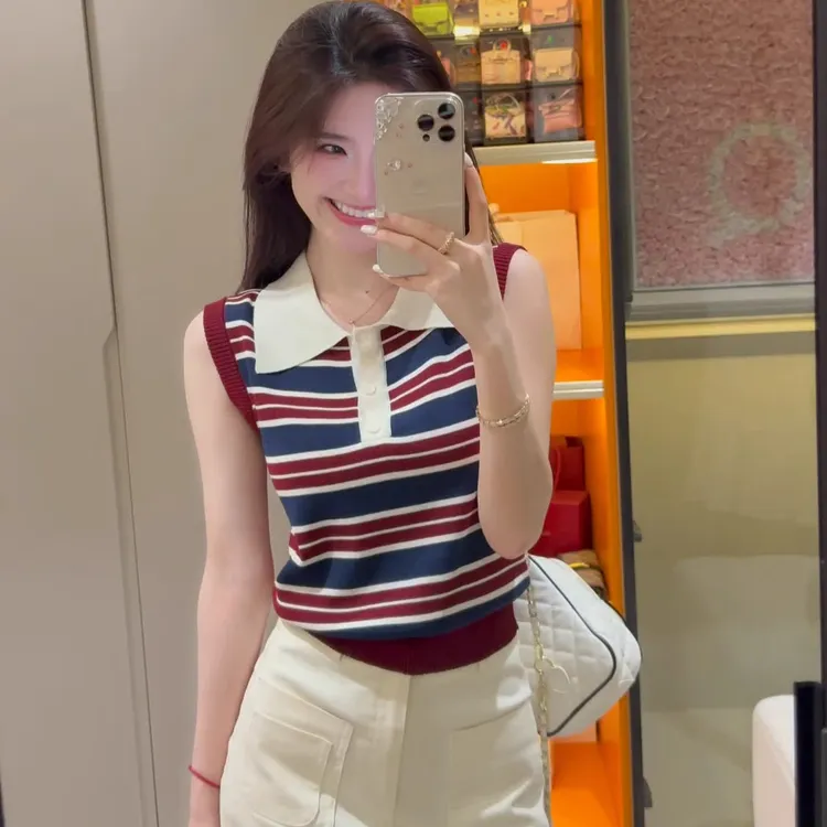 复古撞色条纹纽扣无袖针织背心女夏季新款POLO领时尚短款辣妹上衣