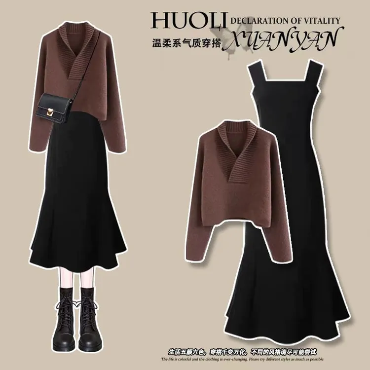K网红爆款2024冬装穿搭一整套复古设计感毛衣收腰显瘦性感连衣裙