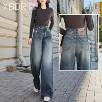 2025秋季新款雾霾蓝素板大阔腿牛仔裤女高腰直筒梨形身材显瘦裤子