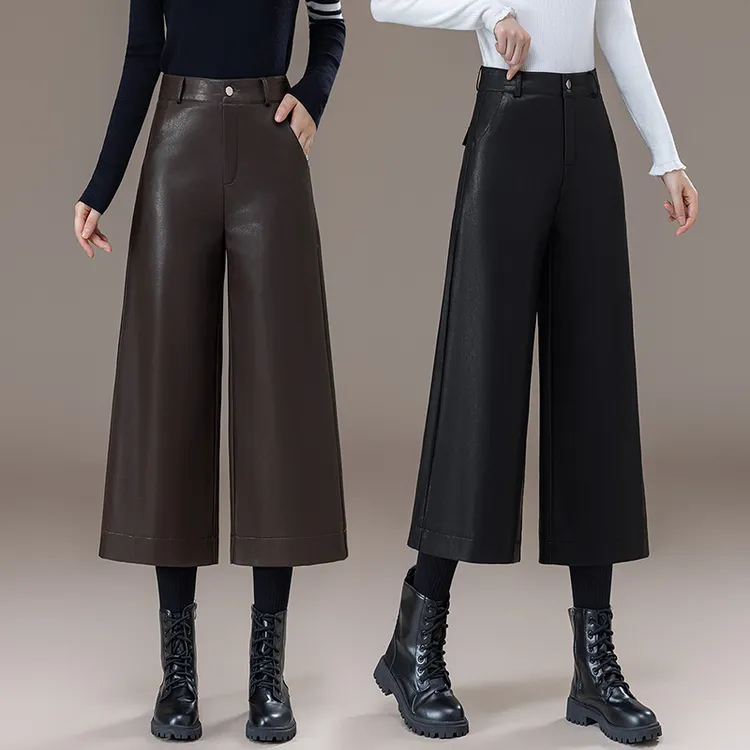 黑色时髦百搭皮裤女2025新款秋冬高腰宽松遮胯显瘦高级感八分裤子