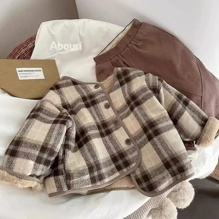 艾雯毛呢格子儿童加绒外套韩版秋冬新款男童女童外衣宽松连体裤