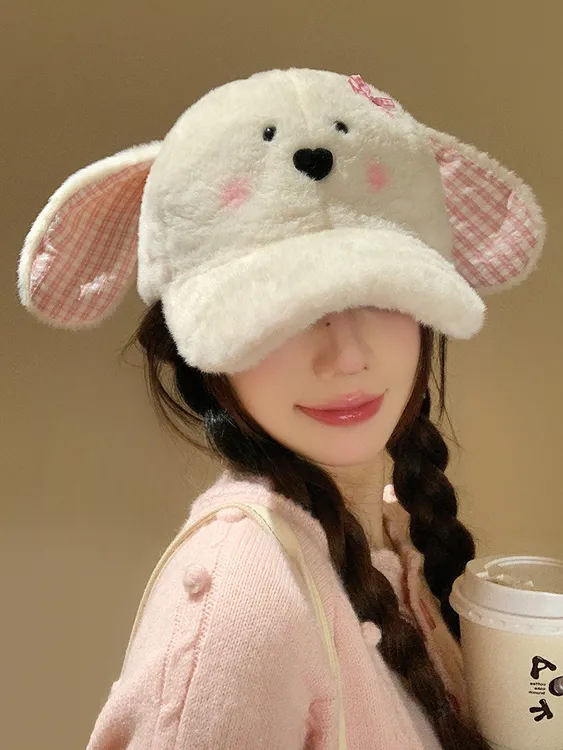 可爱兔耳朵毛绒棒球帽女秋冬季2025新款卡通帽子保暖显脸小鸭舌帽