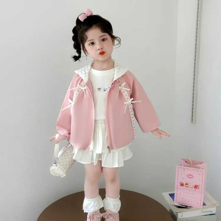 女童外套2025新款蕾丝秋季外套棒球服女童春秋连帽风衣外套秋装