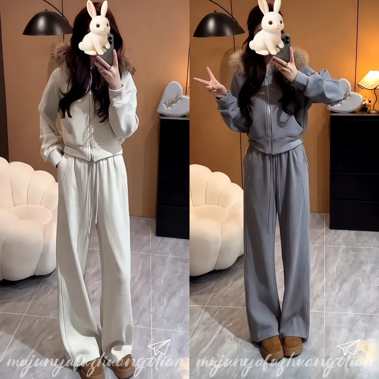 百搭减龄时髦洋气松弛感连帽外套裤子冬季新款潮流精致显瘦两件套