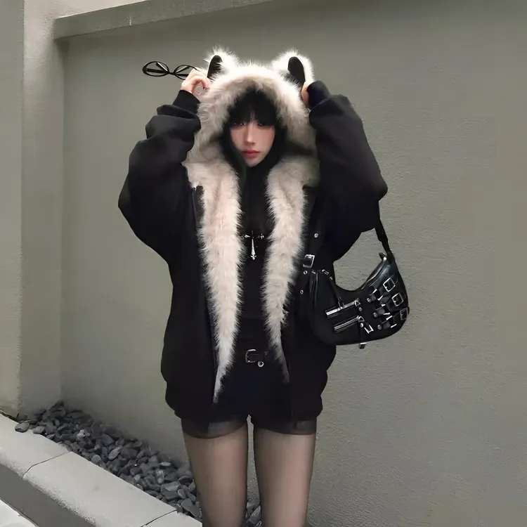 国潮座山雕猫耳朵棉服女加绒加厚棉衣2025冬季新款派克服夹棉外套