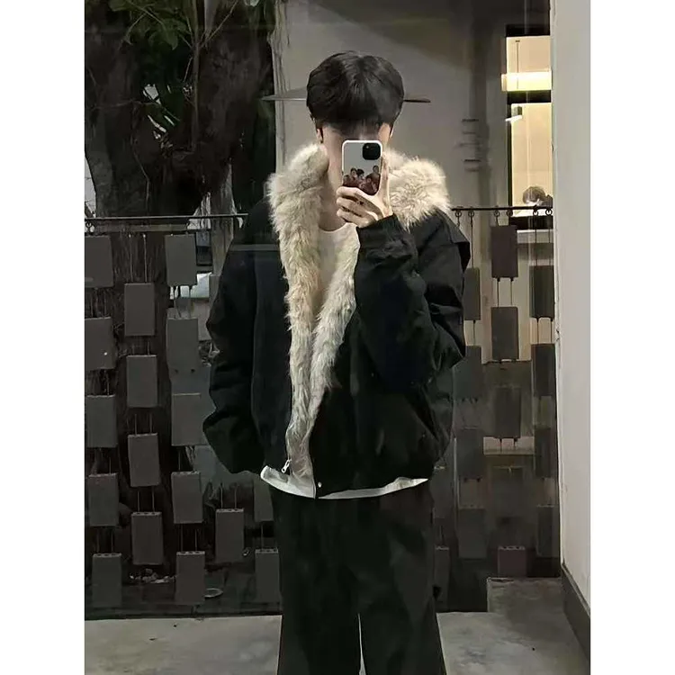 美式大毛领座山雕夹棉夹克冬季短款连帽潮牌复古外套加厚保暖夹克