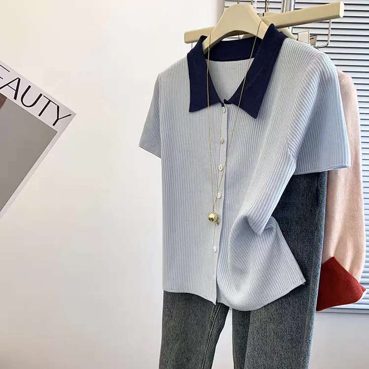Polo领撞色冰丝短袖针织T恤女夏季新款时尚洋气宽松显瘦薄款上衣