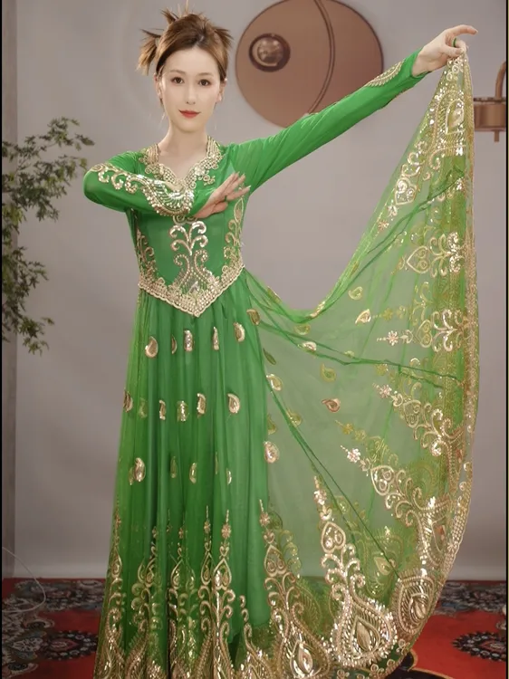 新疆民族风重工刺绣大宝瓶720连衣裙古风新疆舞舞台长款飘逸