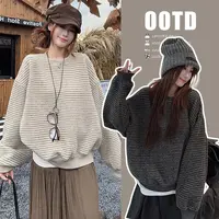 时孕妇秋冬新款大码休闲自留条纹圆领长袖秋季套头卫衣上衣