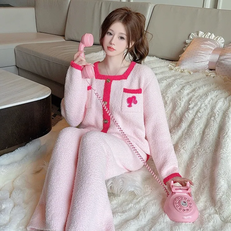 新款保暖开衫家居服女秋冬季可爱甜美加厚半边绒睡衣两件套可外穿