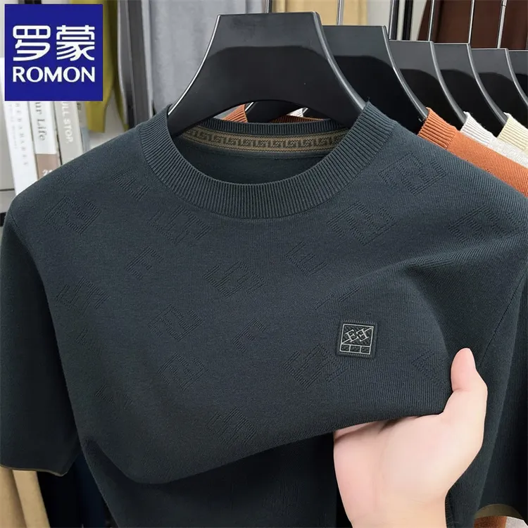 罗蒙男士秋季短袖休闲针织衫t恤商务圆领简约百搭时尚纯色毛衣男