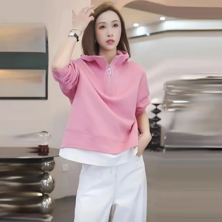 拉夏贝尔卫衣女2025秋季新款洋气显瘦半拉链长袖假两件休闲上衣潮