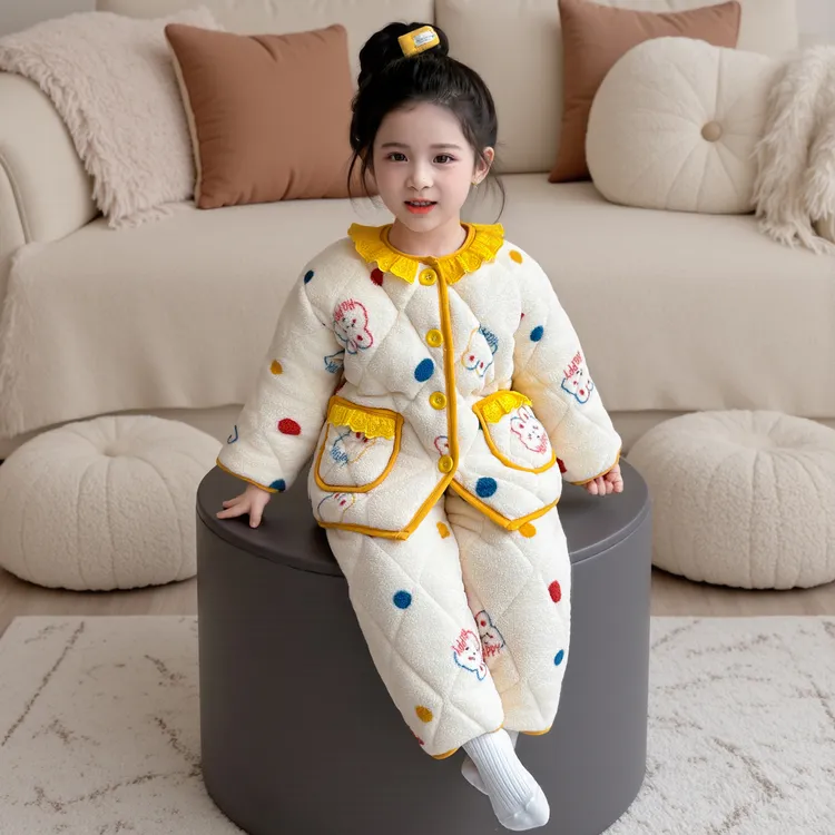 女童三层夹棉睡衣冬季儿童加绒加厚珊瑚绒棉服宝宝洋气家居服套装