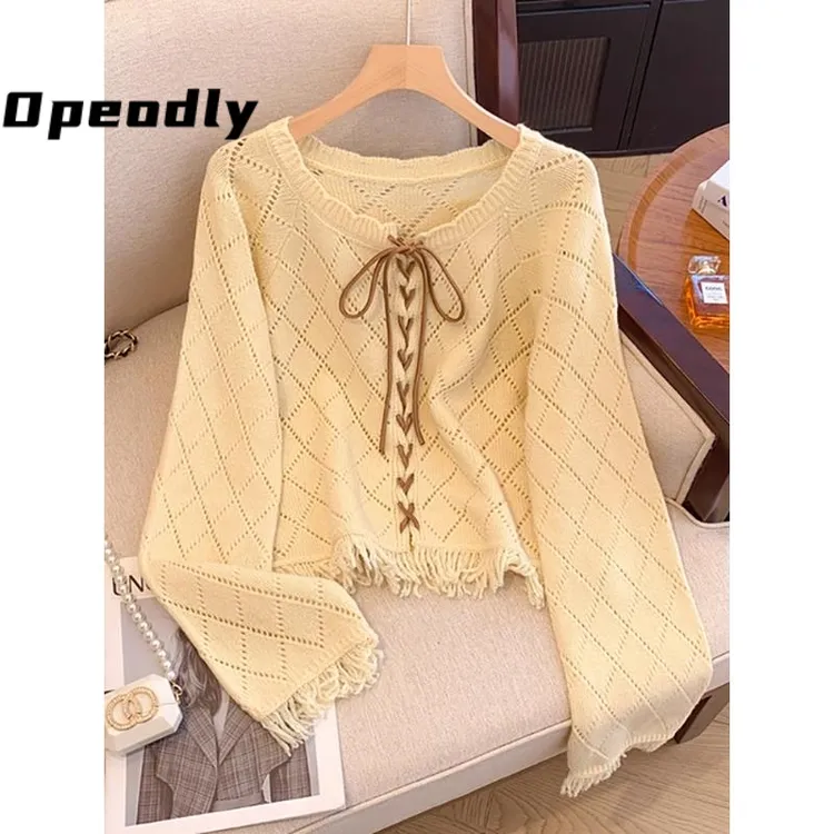 Opeodly镂空菱格针织开衫女秋冬季小众设计感系带短款流苏毛衣