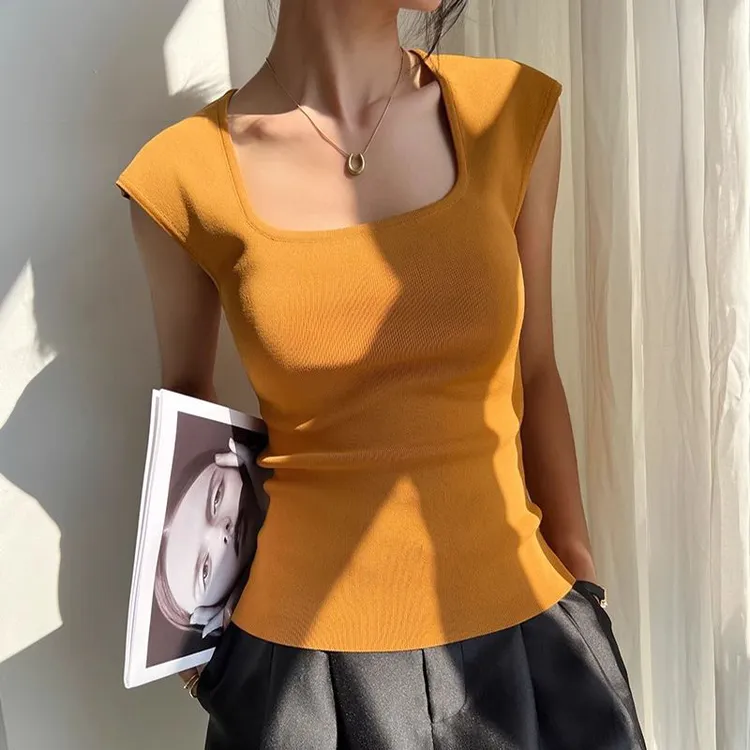 黄色方领正肩冰丝针织短袖T恤女夏季独特别致修身短款小飞袖上衣