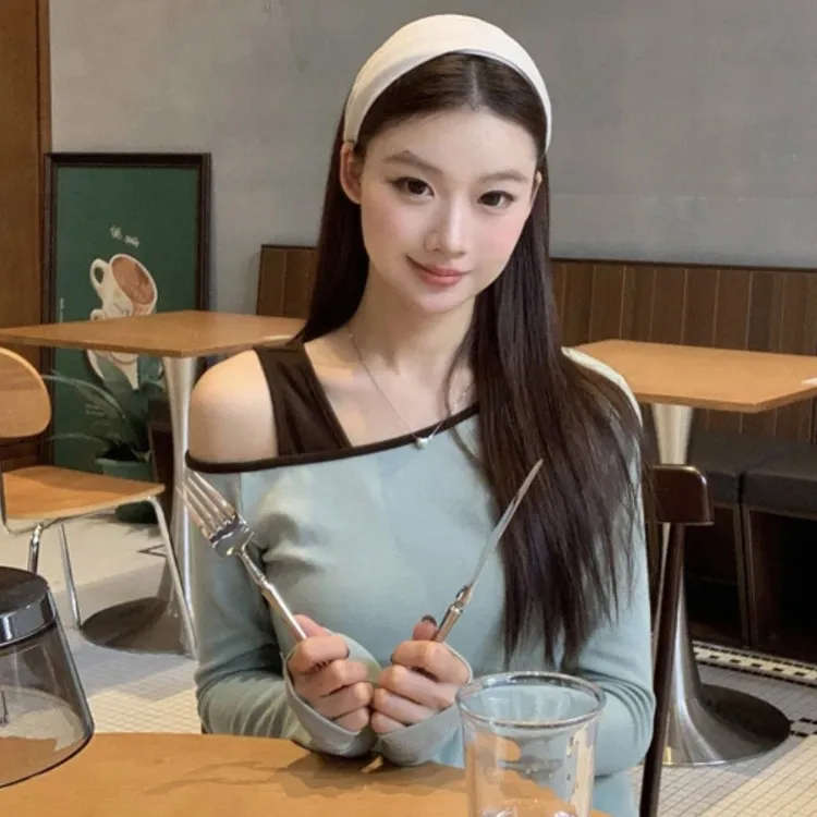 【弥漫山雾】T恤 秋冬季时尚百搭不规则领型蓝绿色长袖T恤W1283