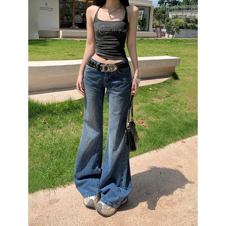  NORNLGGER美式复古低腰微喇叭竹节水洗牛仔裤女百搭不贴腿裤子