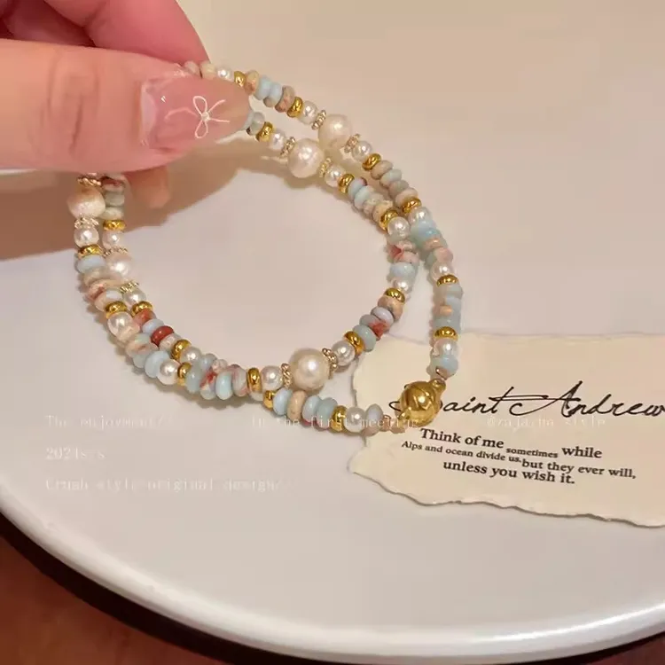 不锈钢仿珍珠手链 串珠吊坠彩色仿天然寿山石珍珠手链奢小众手串