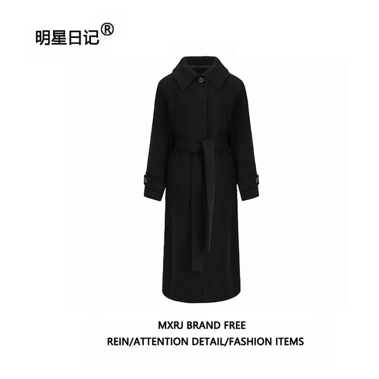 明星日记【100%羊毛】韩素希同款黑色毛呢大衣系带修身显瘦毛呢外套